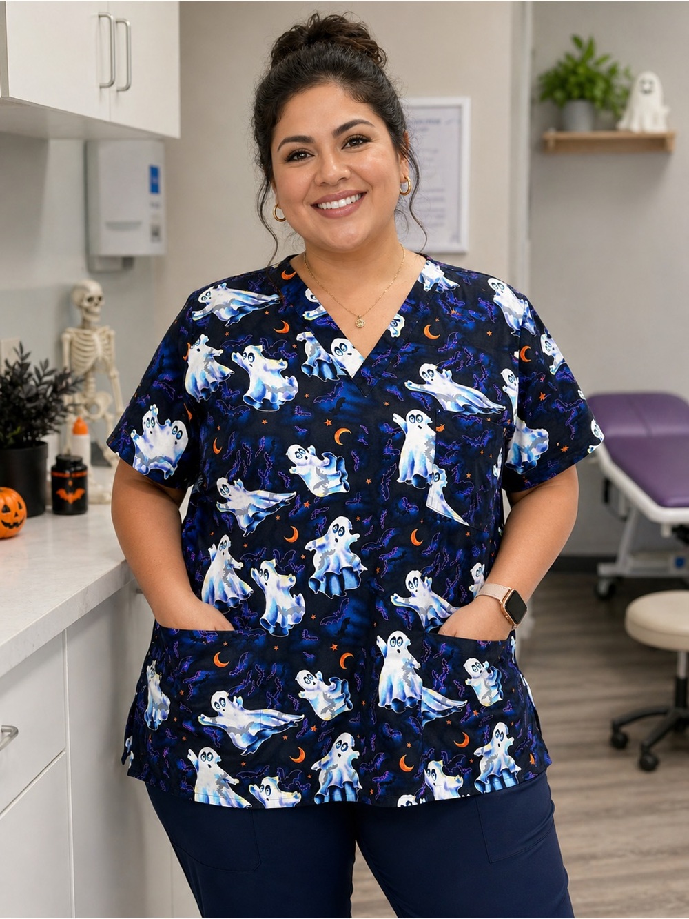 Scrubs - Navy Blue Halloween Ghost - Scrub Top - 2XL